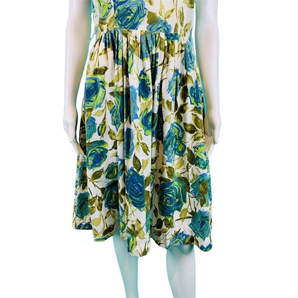 Vintage 1960s Floral Dress Blue Green Rose Print Sundress | W 30" - Picture 6 of 10